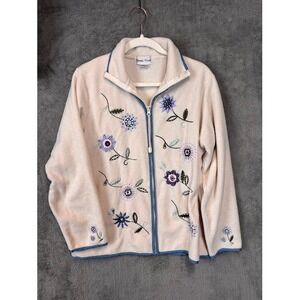 Bonnie Evans Womens L Fleece Jacket Cream Floral Embroidered Full Zip Mock Neck